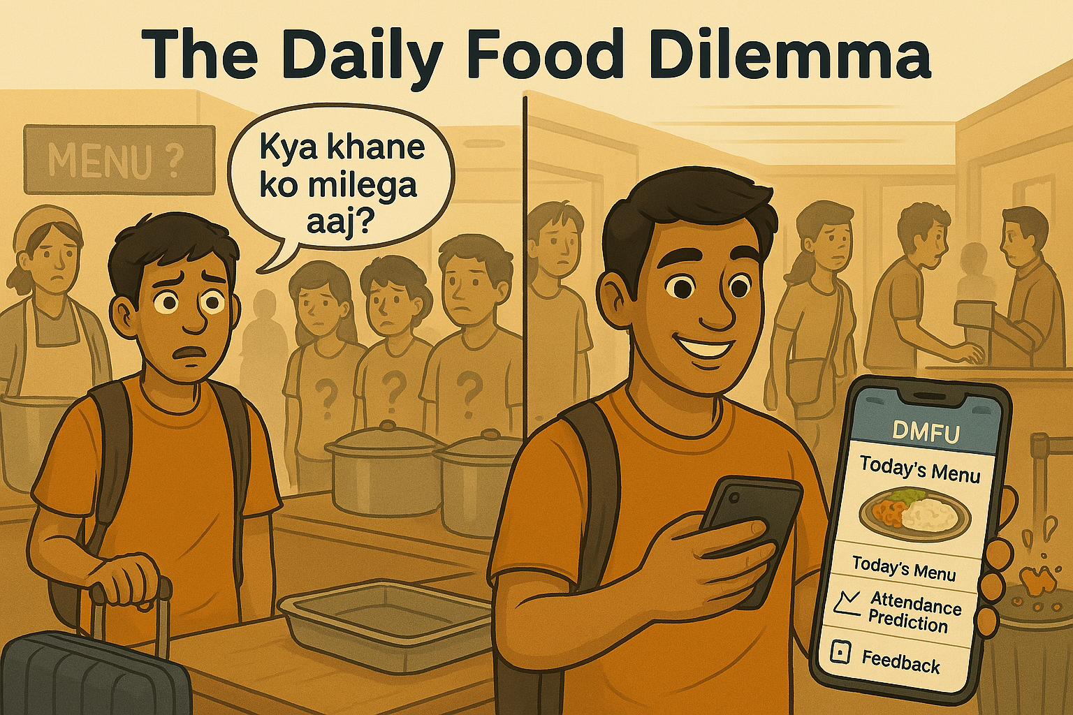 Students in mess hall looking confused