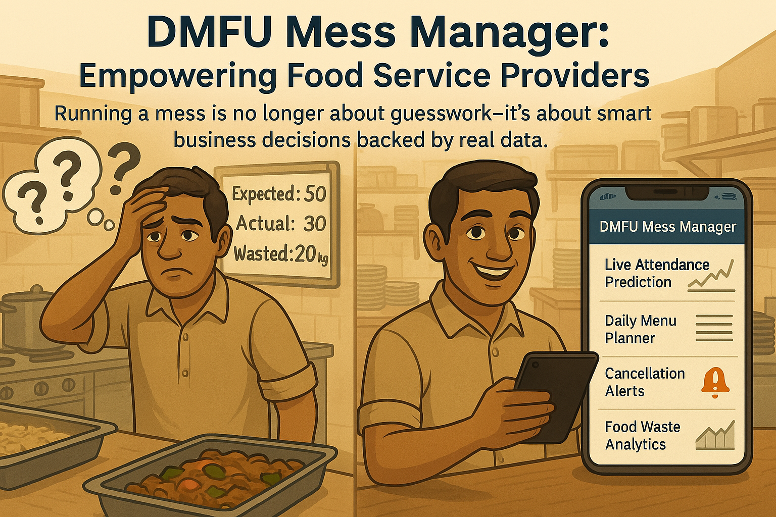 Mess owner managing operations with tablet